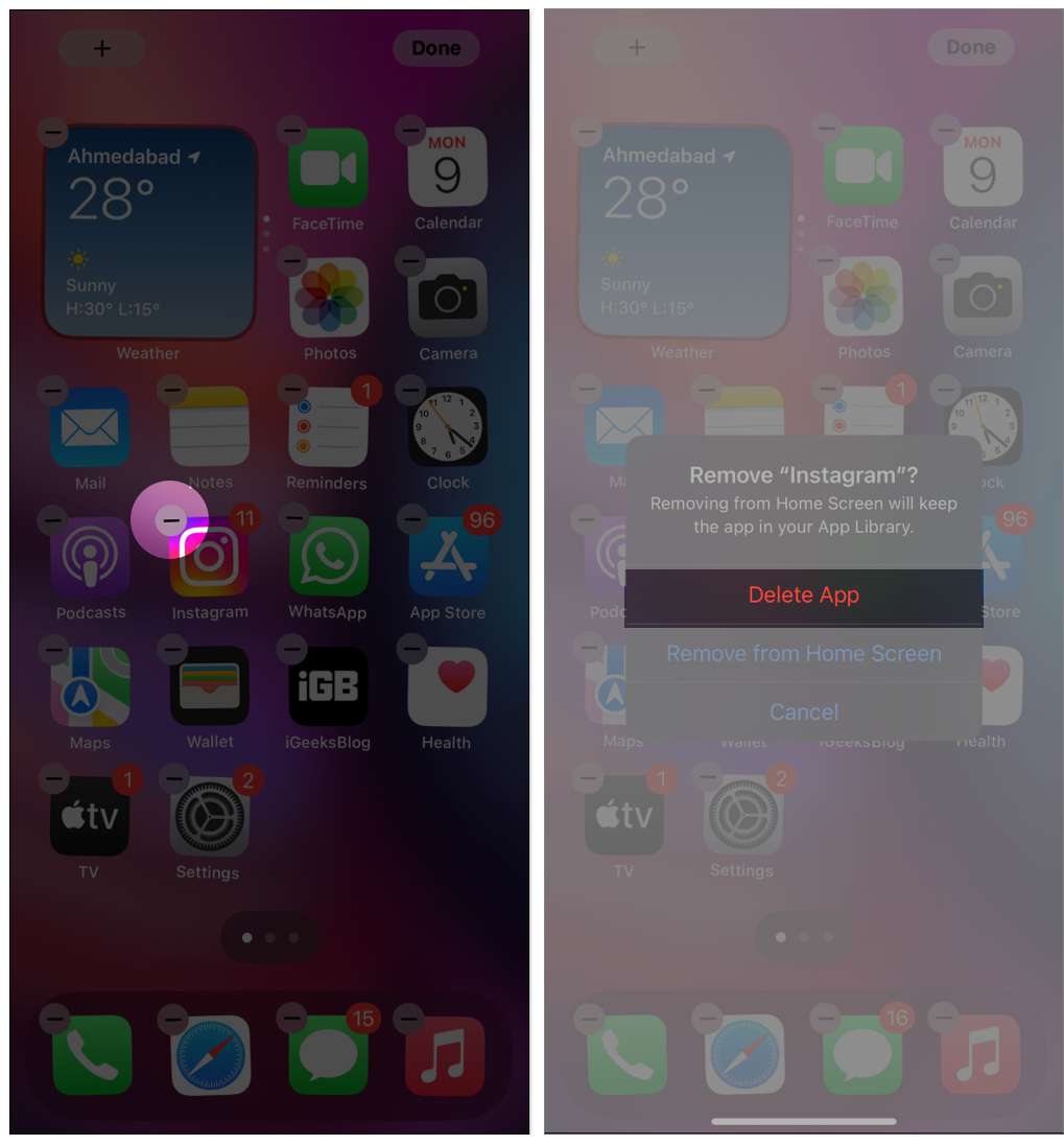 Delete Instagram App on iPhone Home Screen