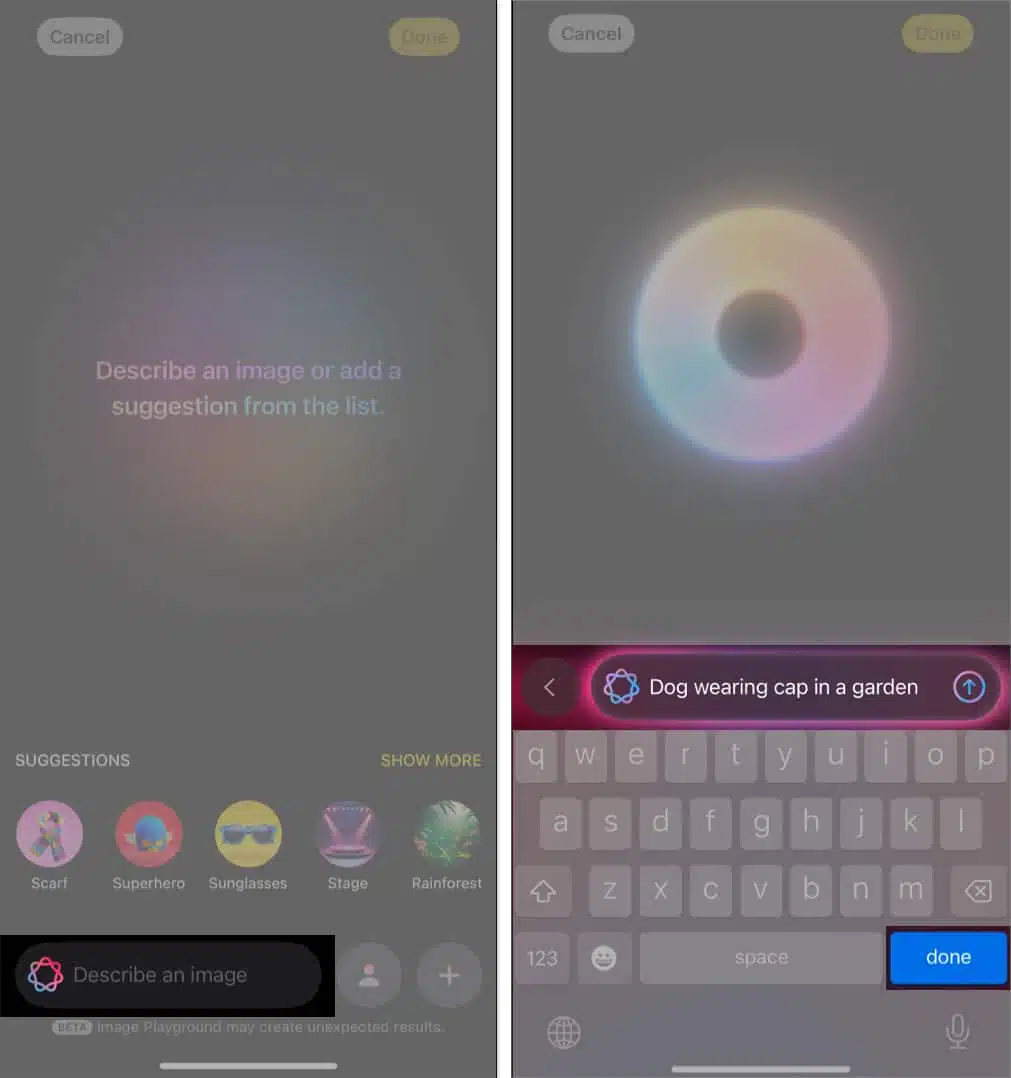 How to use apple image playground to create ai art on iphone Entering an image description in the image playground app on an iphone to generate an image