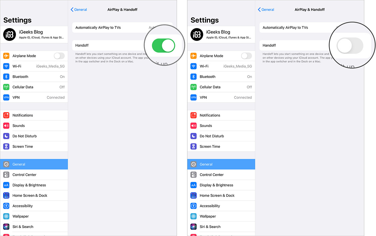 Disable HandOff in iPad Settings