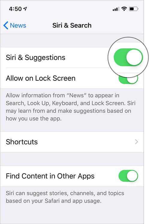 Disable Siri Suggestions for Apple News app
