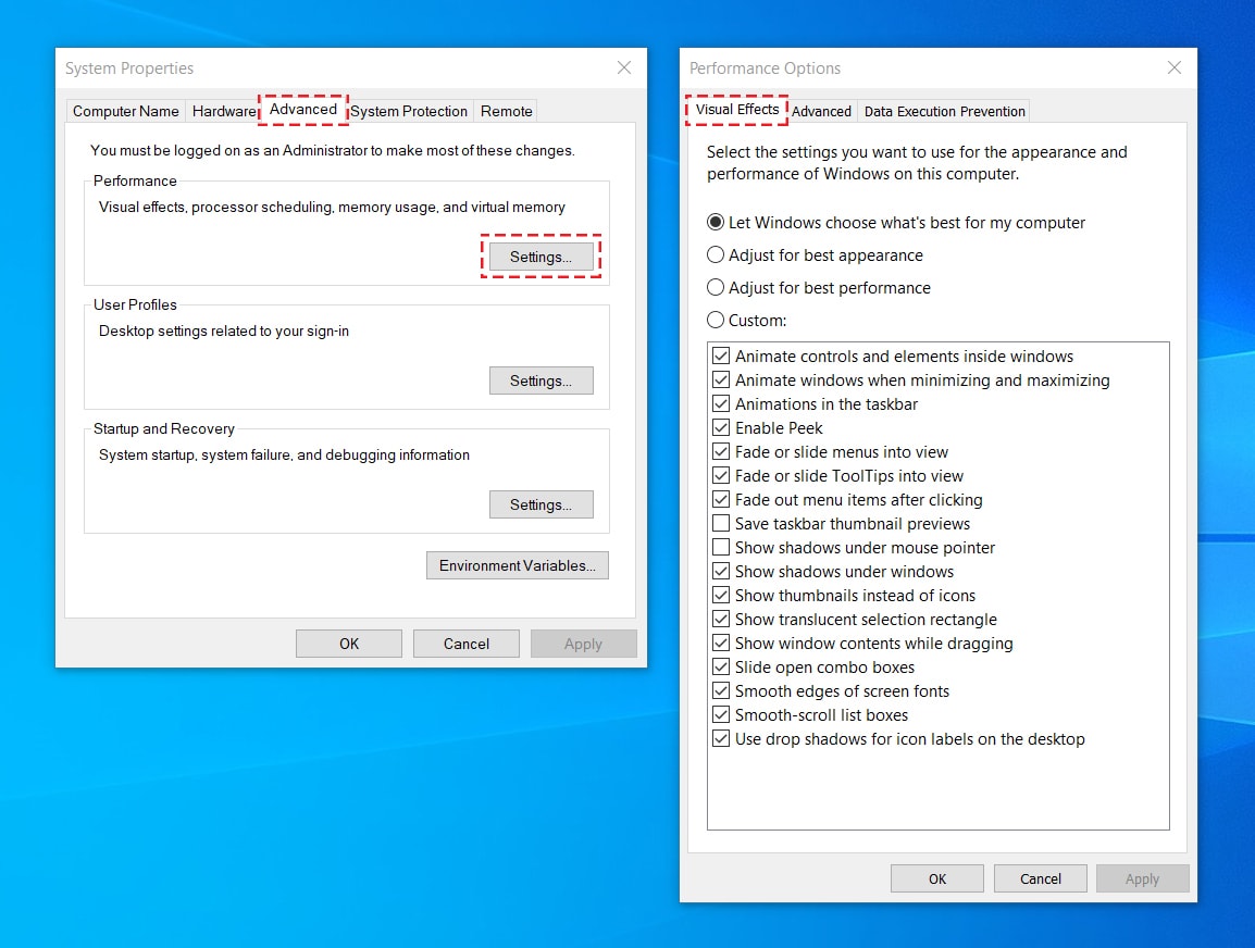 Disable Visual effects in Windows 10