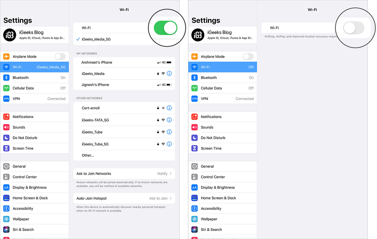 Disable Wi-Fi in Settings App on iPad