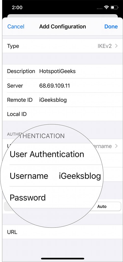 Enter Authentication Login Information in VPN Configuration