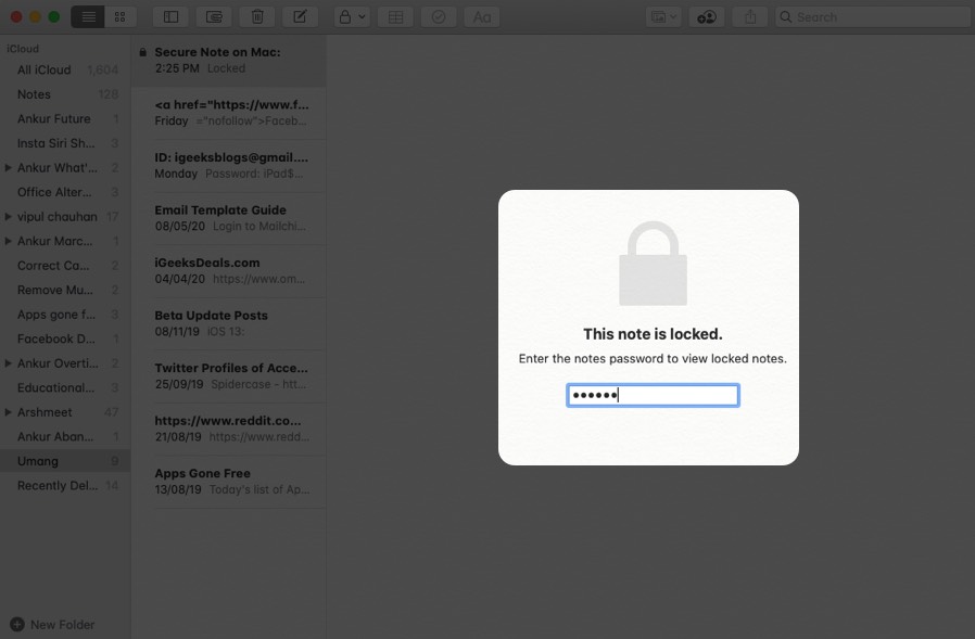 Enter Password to Open Locked Note on Mac