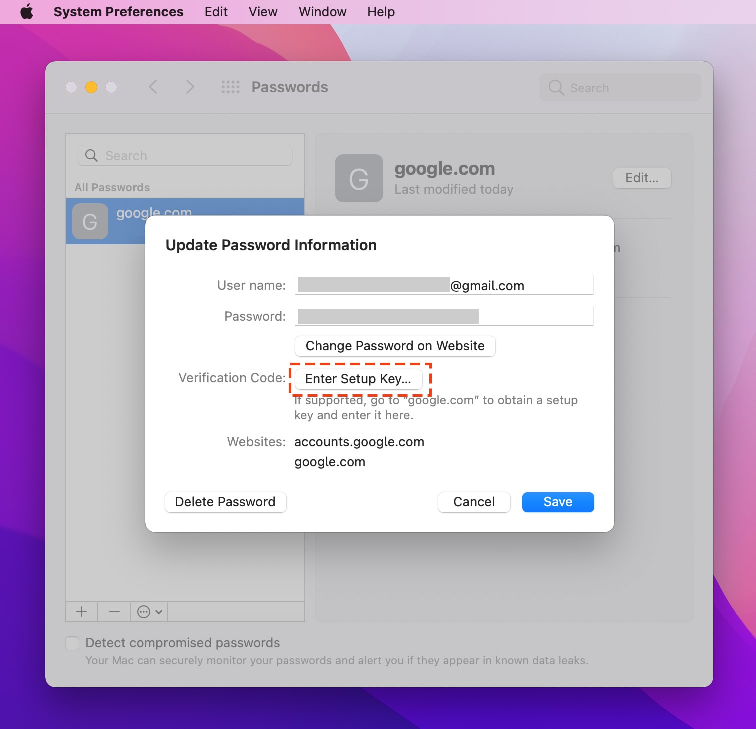 Enter Setup Key in Passwords App on macOS Monterey