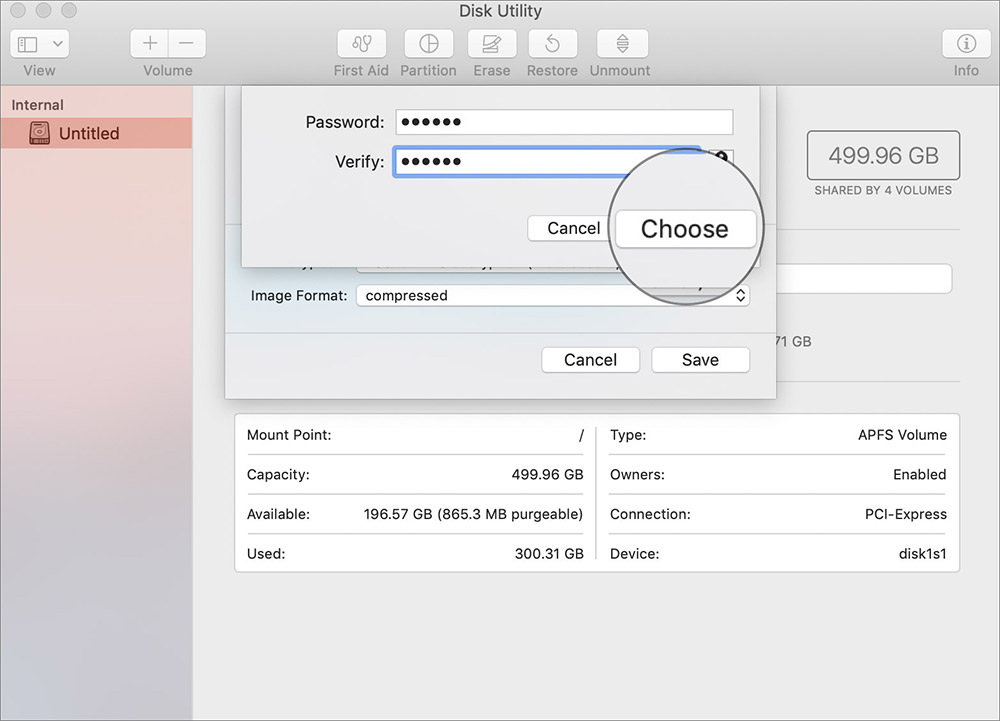 Enter the Password and Click on Choose in Mac Disk Utility