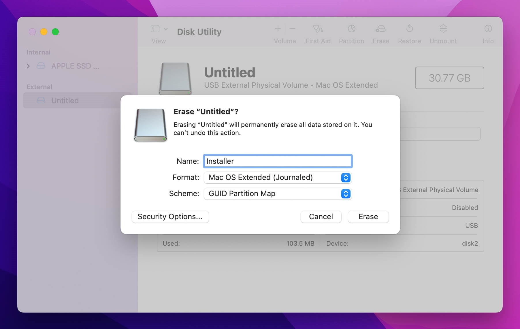 Format USB Installer with Mac OS Extended and GPT