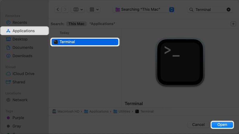 Go to Applications, select Terminal, and click Open