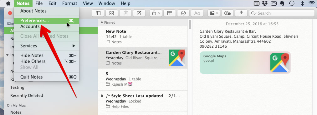 Go to Notes App Preferences Settings on Mac