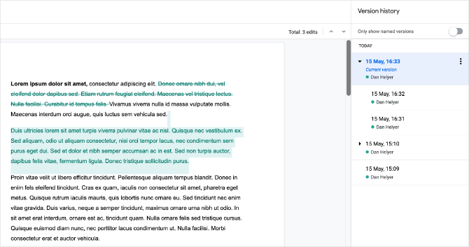 Google Docs version history showing colored edits