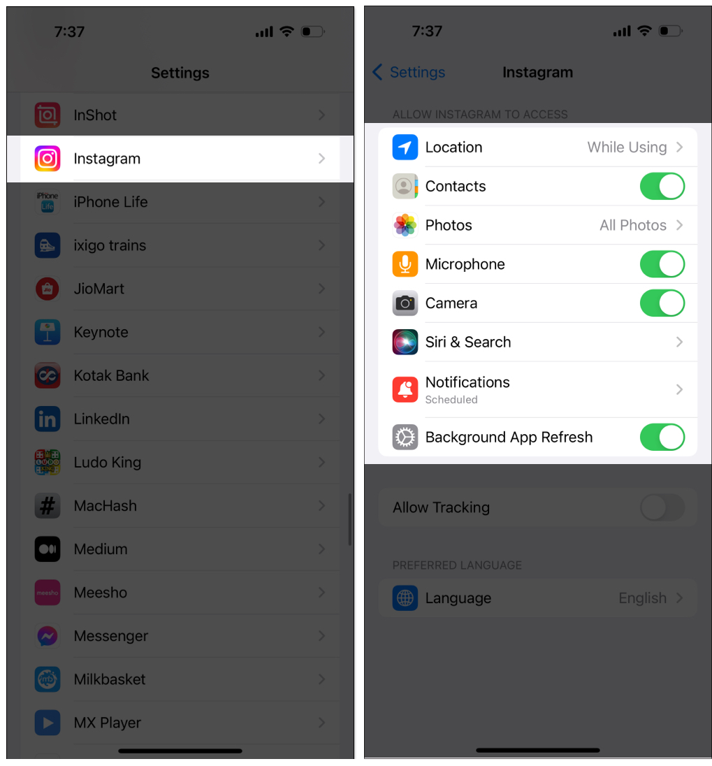 Grant Instagram app permission on iPhone