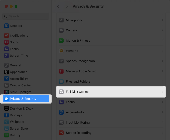Head to Privacy & Security and select Full Disk Access
