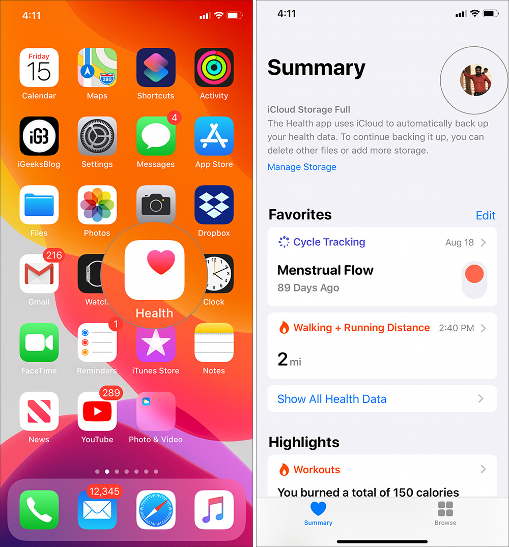 Launch Health app and Tap on Profile Picture on iPhone