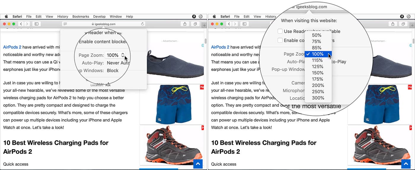 Make Content larger for a specific website in Safari on Mac