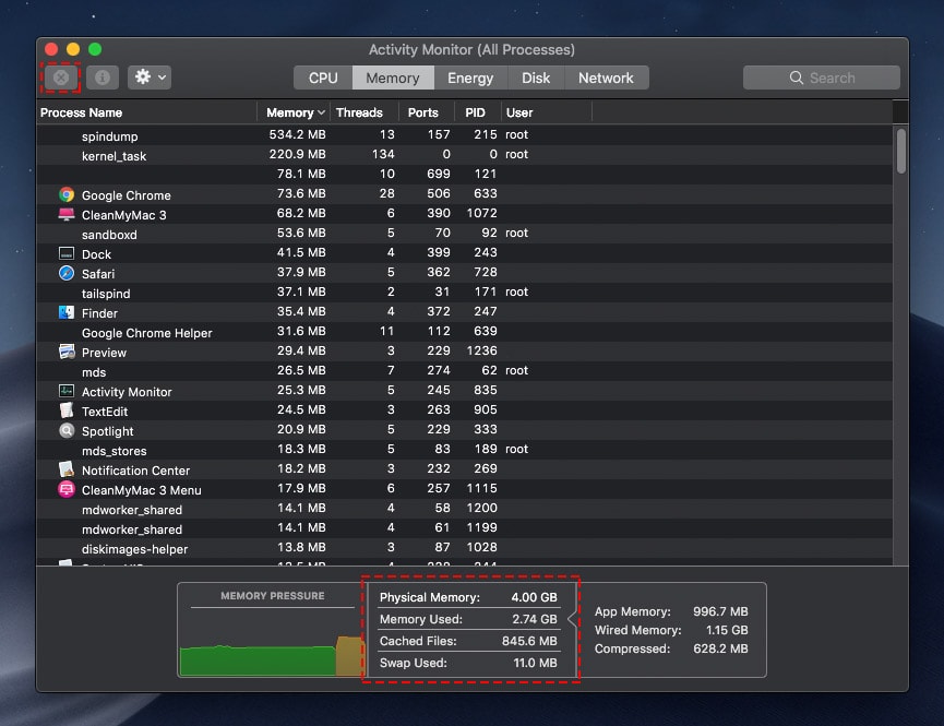 Memory Used on macOS Mojave