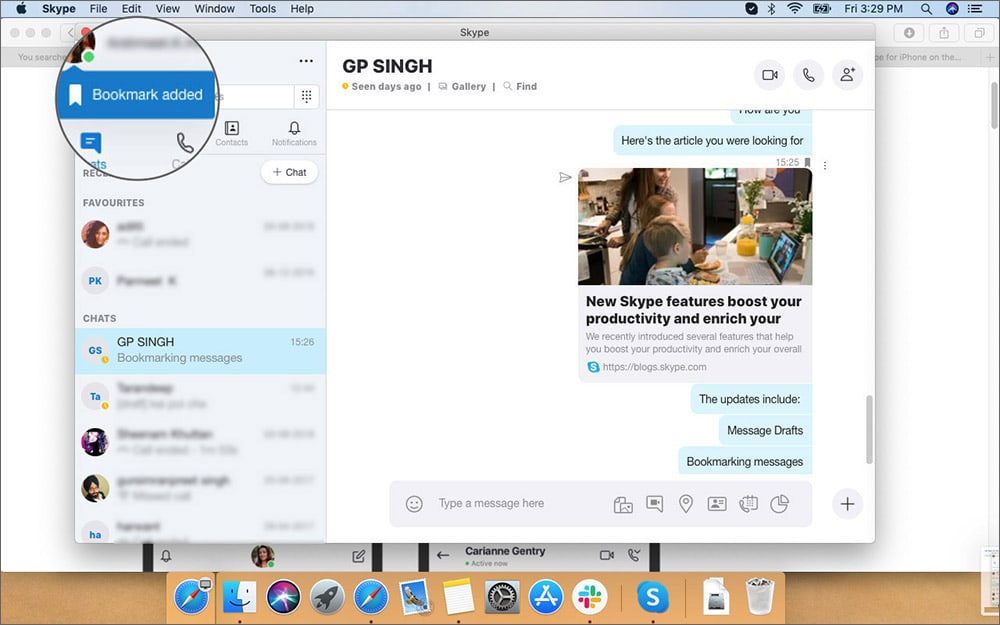 Message Bookmarked in Skype Chat App on Mac