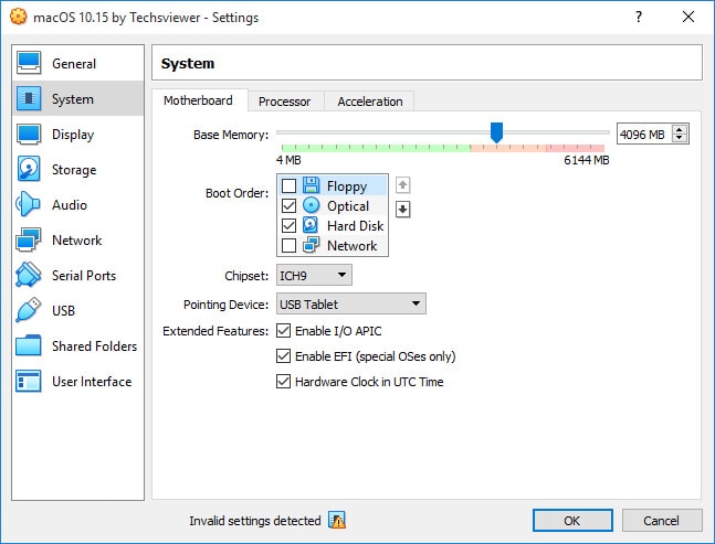 Motherboard Tab in VirtualBox