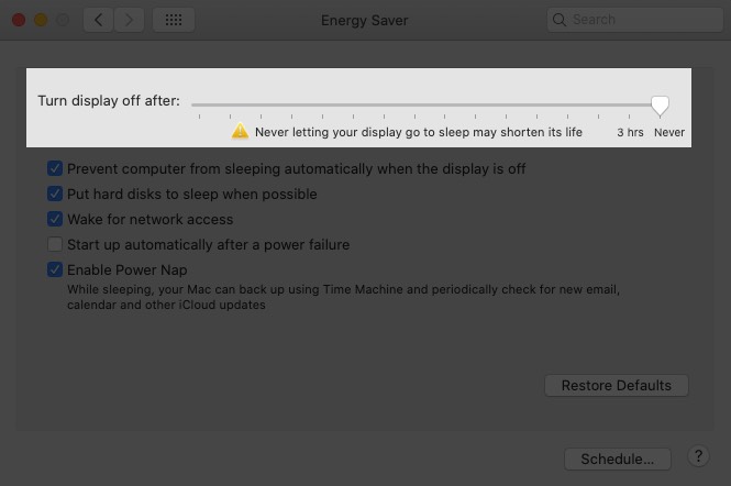 Move Turn display off after Slider to Never on Mac