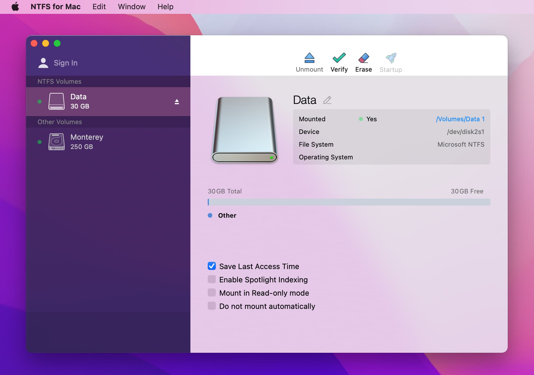 NTFS for Mac on macOS Monterey