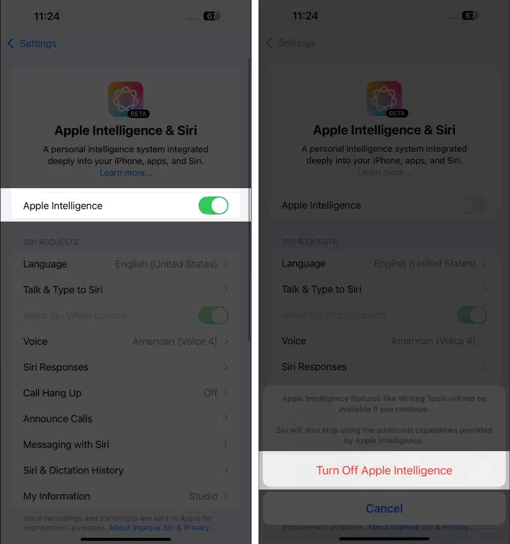 8 hidden iOS 183 iPhone features Navigate to Settings then go to Apple Intelligence and Siri and toggle off Apple Intelligence