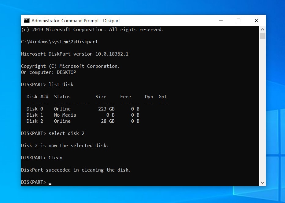 Open Disk Part and Clean USB Drive