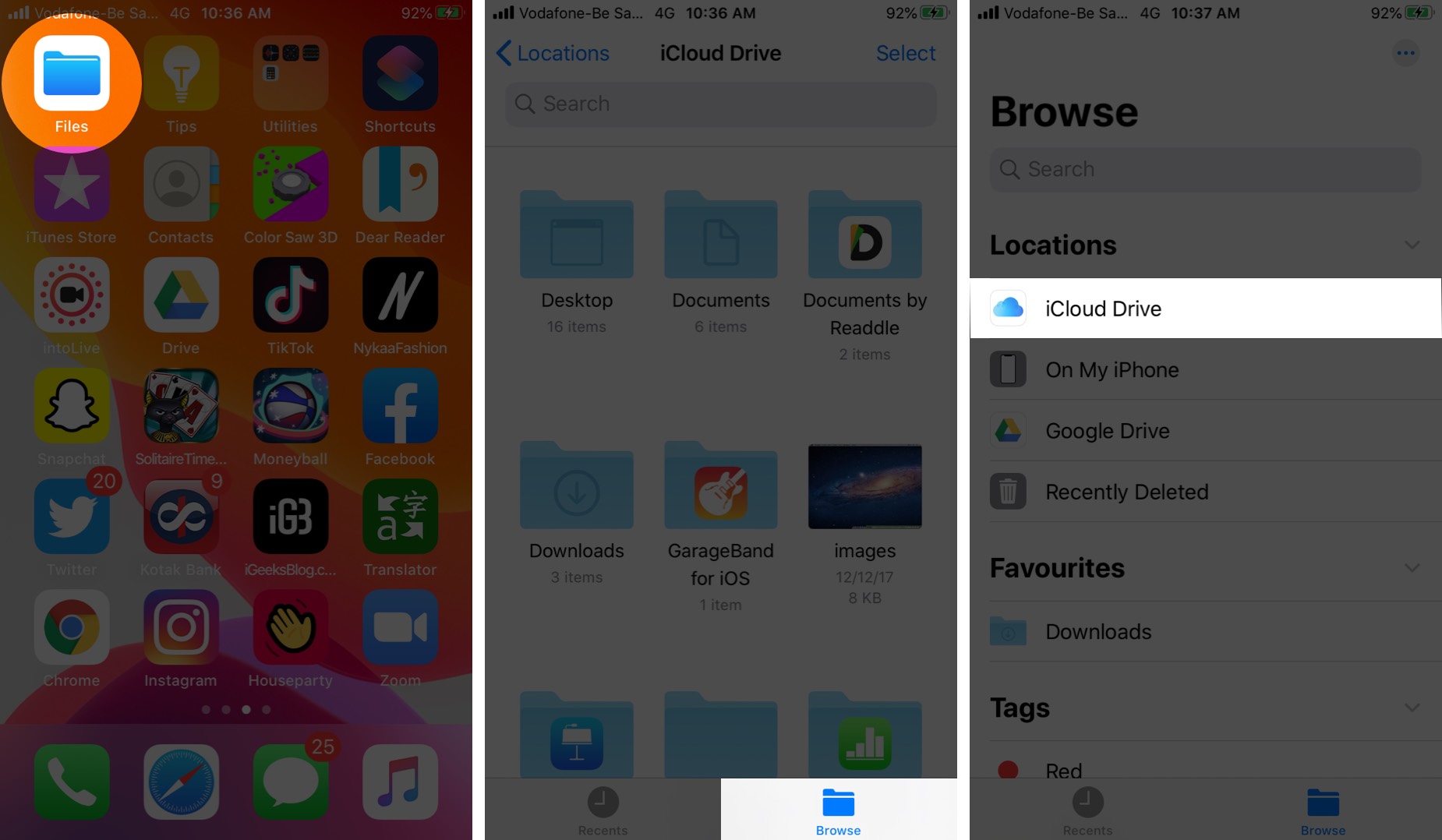Open Files App Tap on Browse and Choose Location