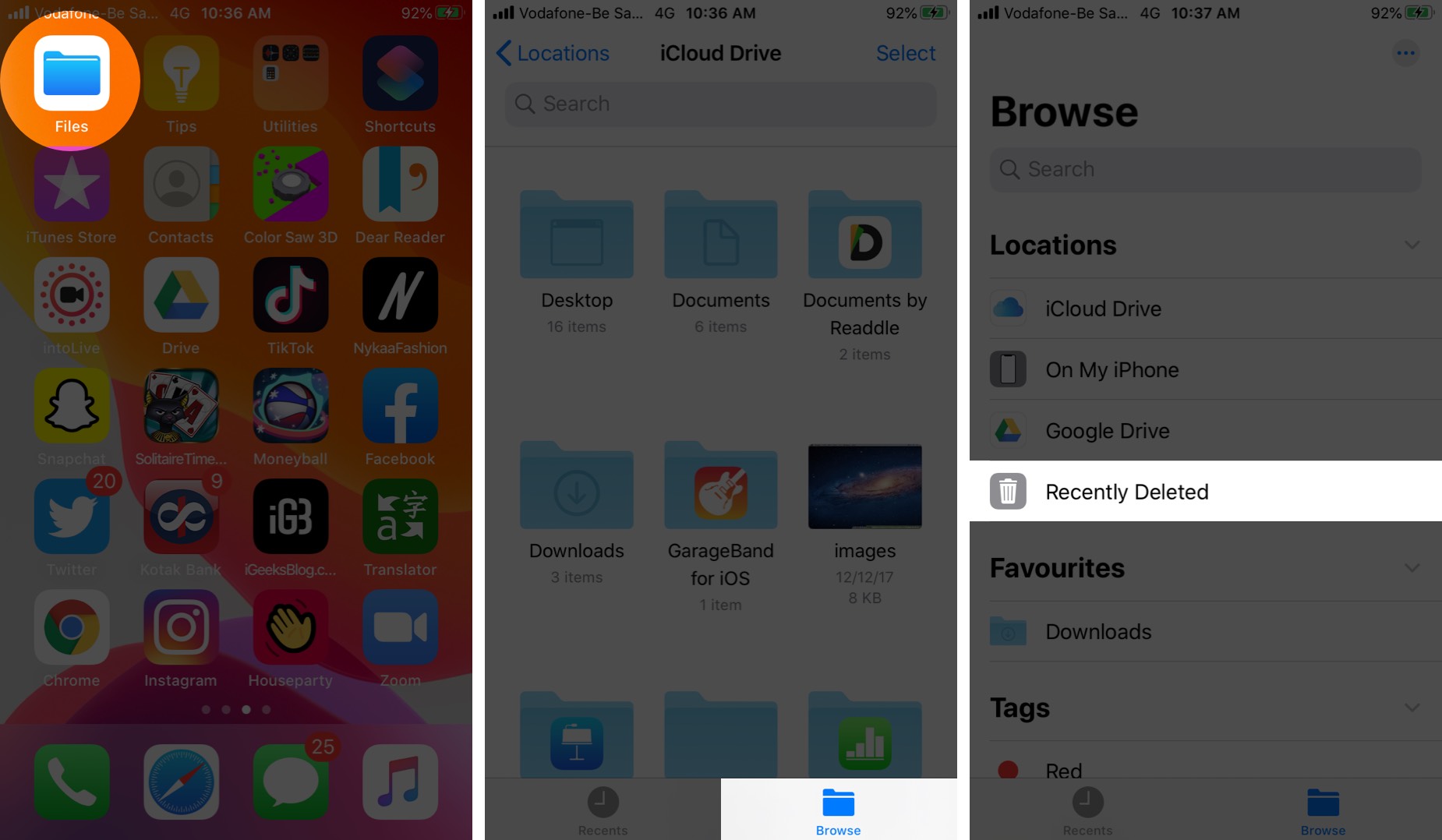 Open Settings Tap on Browse and Then Tap on Recently Deleted