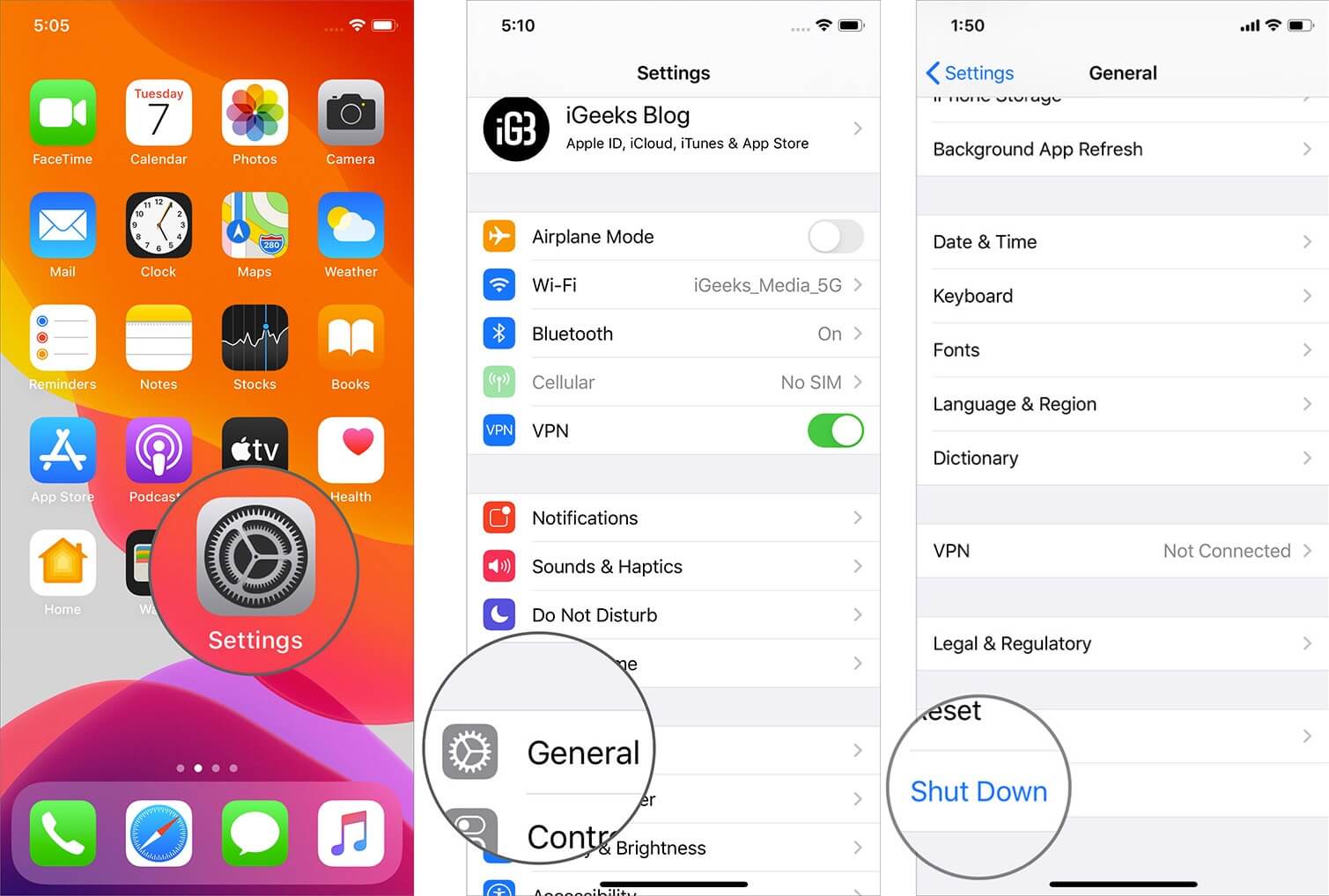 Open Settings Tap on General and Then Tap on Shutdown