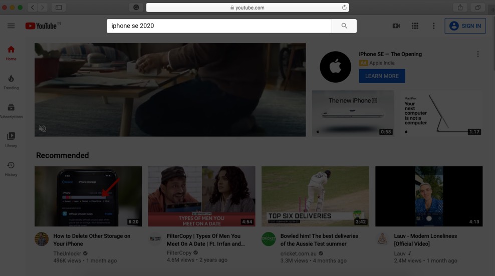 Open YouTube in Safari and Search Video