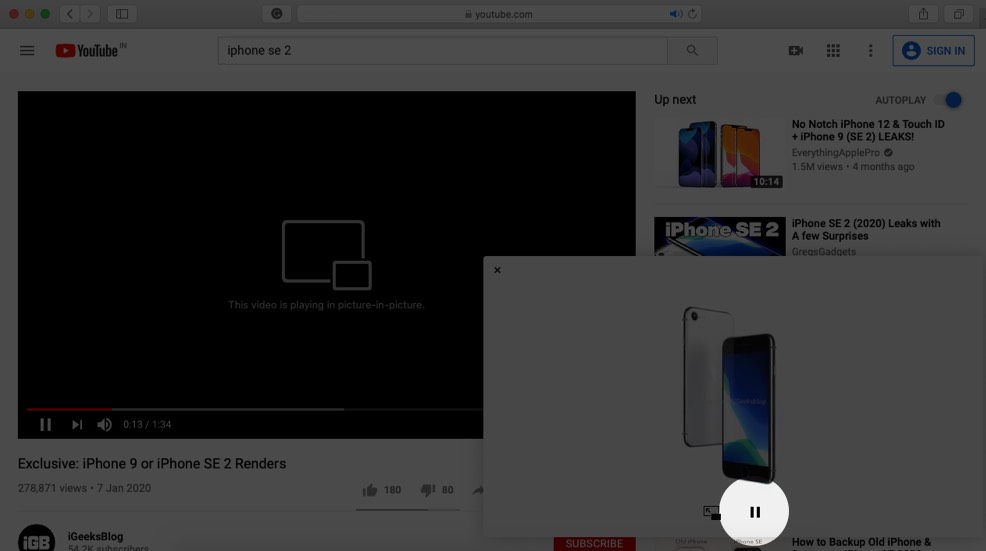 Pause Video in Picture in Picture Mode in YouTube