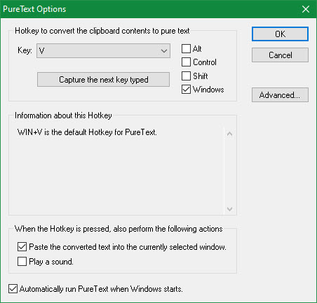 PureText Windows Options