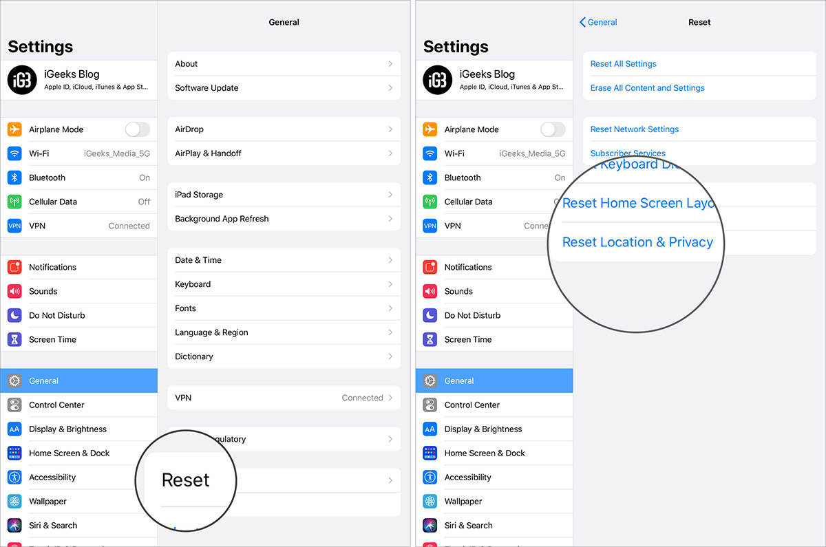 Reset Location and Privacy on iPad