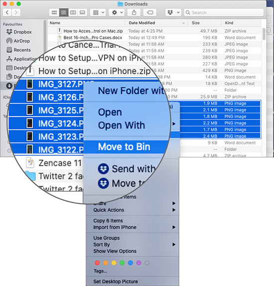 Right Click on Files and Select Move to Bin on Mac