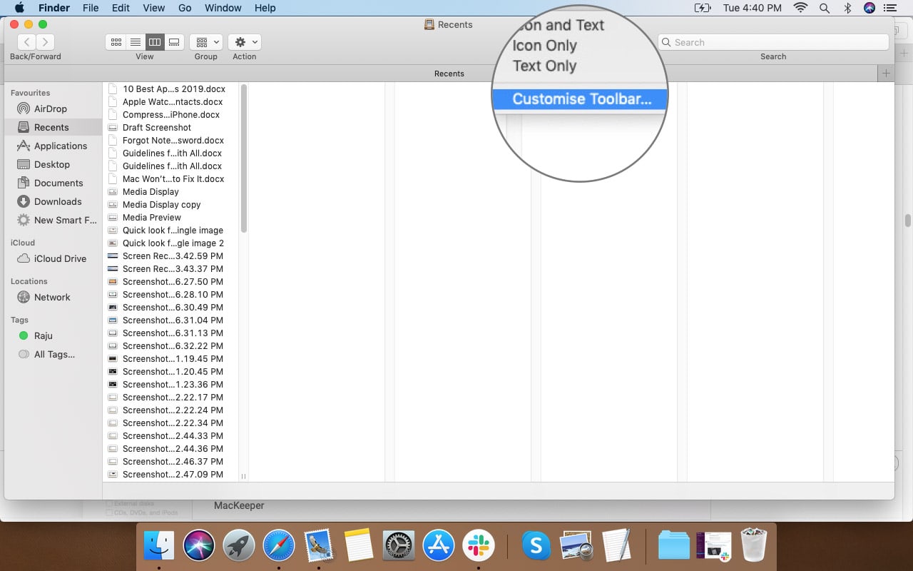 Right Click on Finder Toolbar and Select Customise Option in Mac