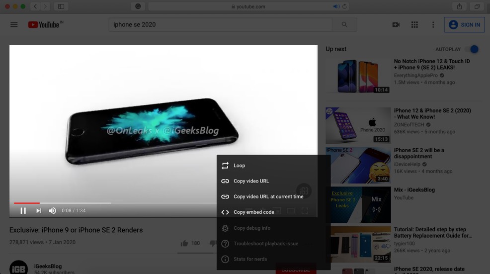 Right Click on Video in YouTube