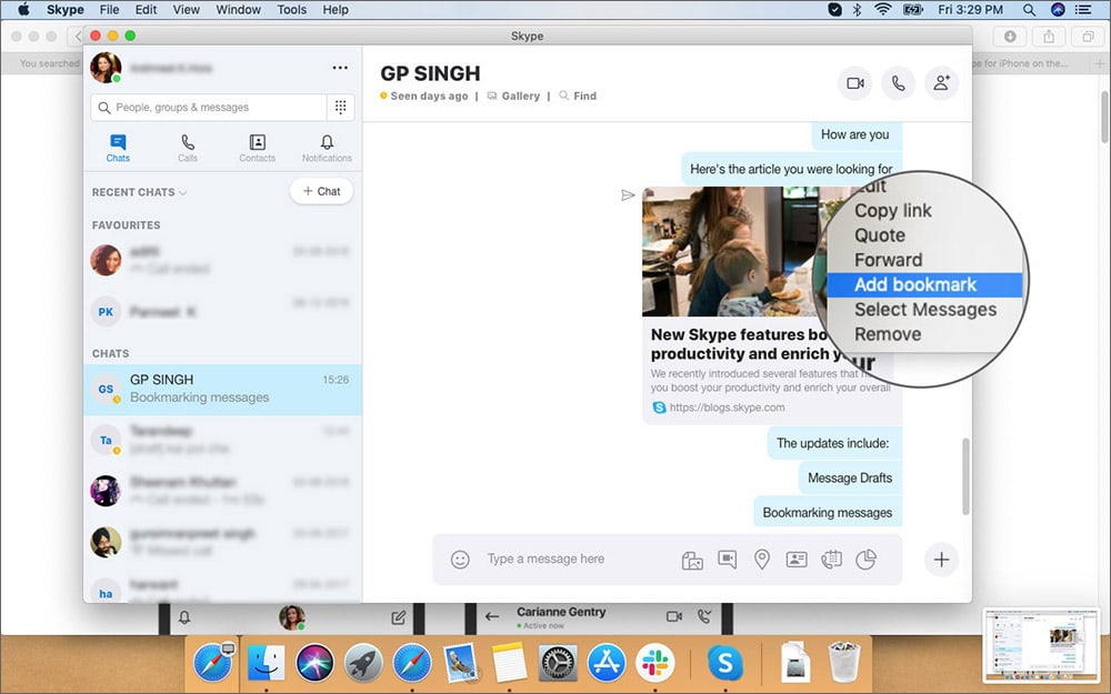 Right Click to Add Bookmark Message in Skype App on Mac