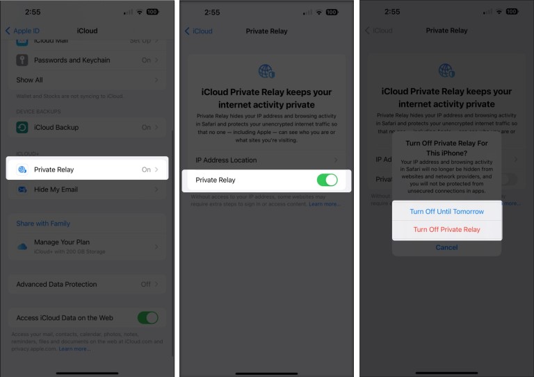 Scroll down and tap Private Relay, toggle on or off Private Relay.