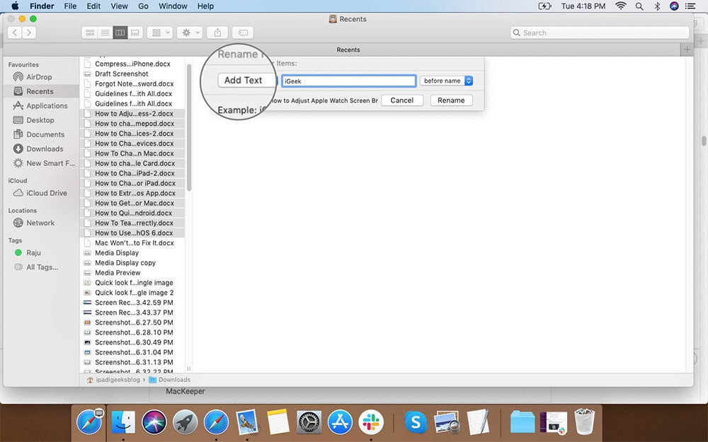 Select Add Text to Rename Multiple Files on macOS