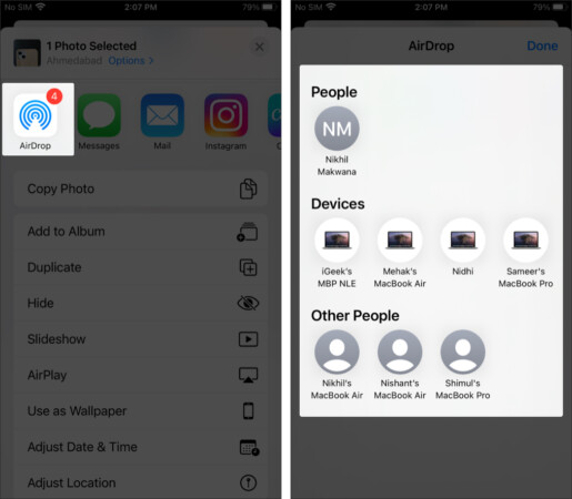 Select AirDrop from the share sheet on iPhone