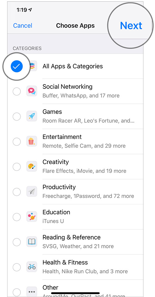 Select All Apps and Categories and then Tap on Next in iOS 12 Screen Time