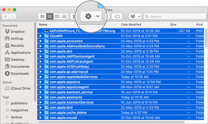 Select All Files and Click on Folders Settings in macOS Catalina