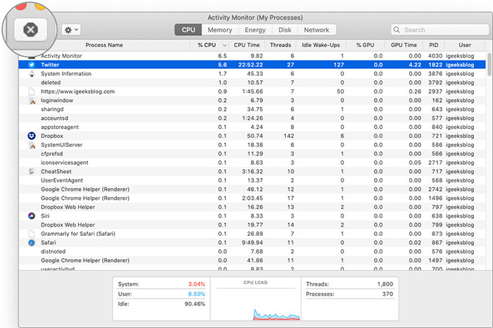 Select App Application and Click on X to Close App from Activity Monitor App on Mac