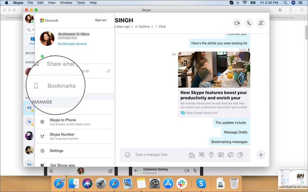 Select Bookmark in Skype App Profile on Mac