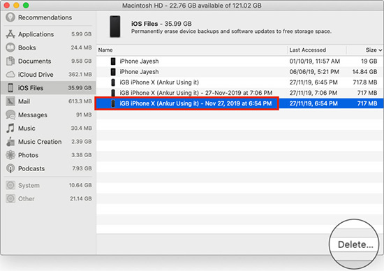 Select Device Backup and Click on Delete in Mac Storage