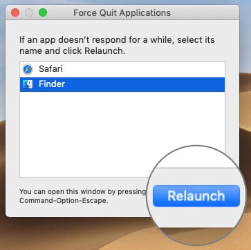 Select Finder to Relauch in macOS