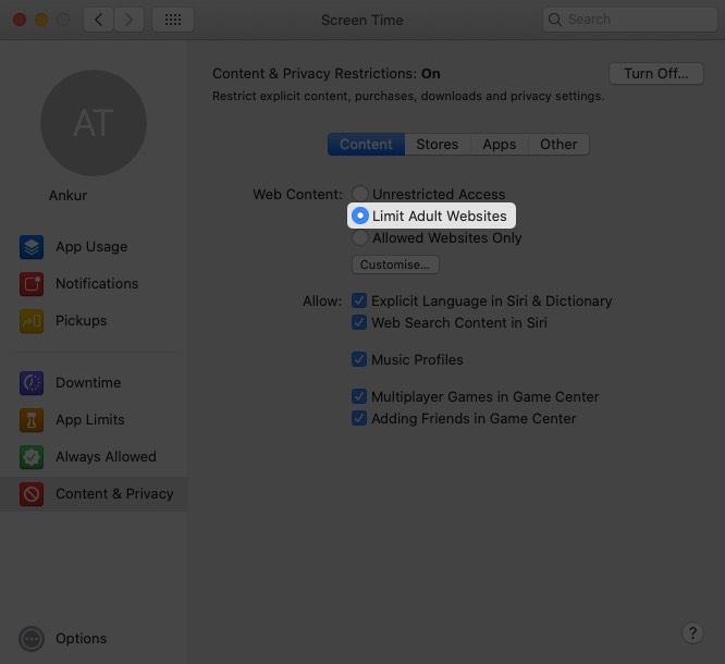 Select Limit Adult Website and Disable Safari Private Browsing on Mac Using Screen Time