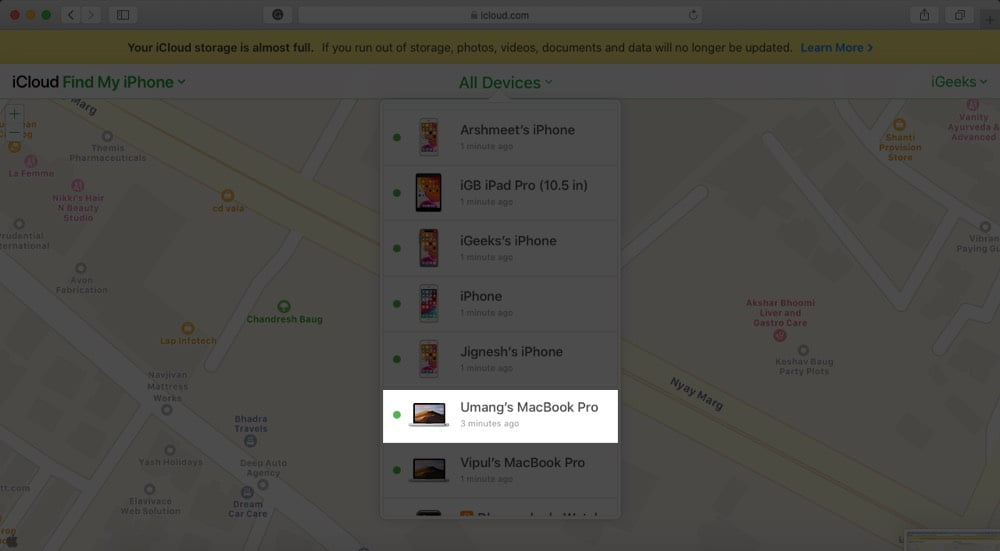 Select Mac in Find My iPhone in iCloud Website
