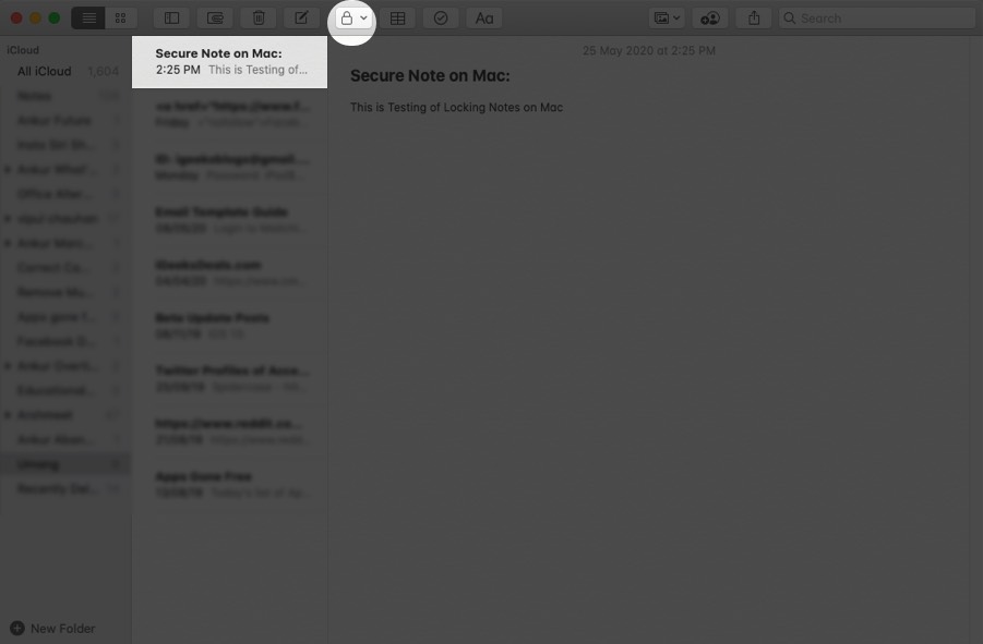 Select Note and Click on Lock on Mac