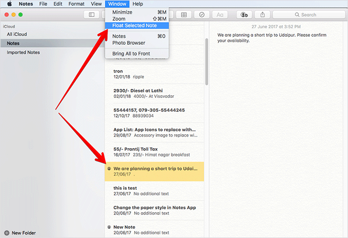 Select Note and Select Float Selected Note on MacSelect Note and Select Float Selected Note on Mac