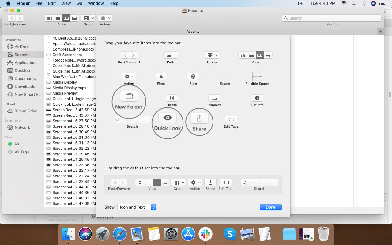 Select Options to Drop it on Finder Toolbar in macOS